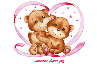 Watercolor clipart, Teddy Bear, Bear couple. Valentine&#039;s Day, brown be