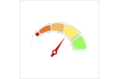 Colored credit score meter, red arrow indicates good level