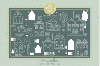 House White Doodles | Hand Drawn Home, City Building, Cute Cottage