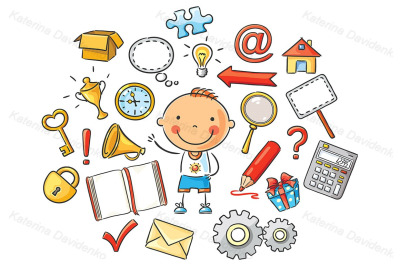 Cartoon child with different objects and symbols