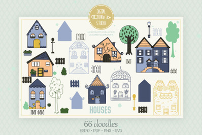 House Color Doodles | Hand Drawn Home, City Building, Cute Cottage