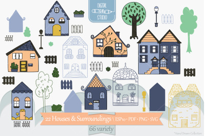 Houses Color Doodles | Hand Drawn Home, City Building, Cute Cottage