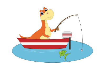 cute dinosaur fishing&2C; simple vector illustration