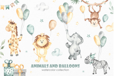 Animals and balloons watercolor