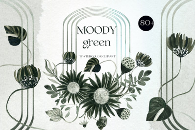 Moody Green.  Mystic Watercolor Clipart