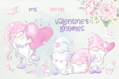 Valentine&amp;rsquo;s gnomes and decorative elements&2C; digital watercolor clipart. PNG