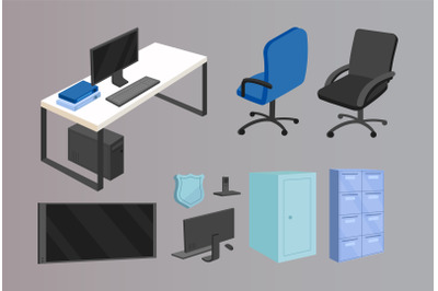 Office furniture flat color vector objects set