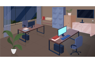 Open space office at night flat color vector illustration