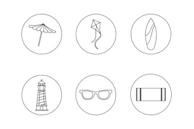 Beach Line Icon Bundle with Surf Board