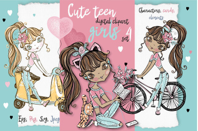 Cute Teen Girls 4, Digital Clipart, Fashion Girls, Valentine&#039;s Day