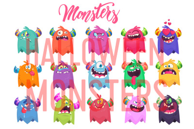 Cartoon 15 monsters characters design. Vector illustrations