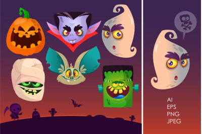 Cartoon Halloween vector icons. Monsters illustrations