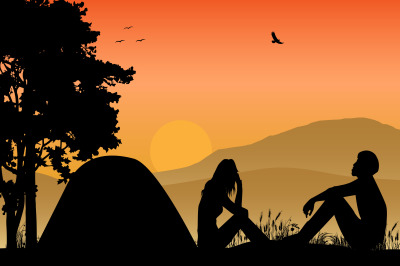 silhouette of camping with couple