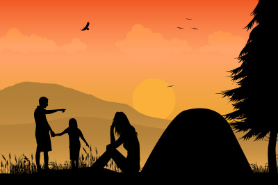 silhouette of camping with family