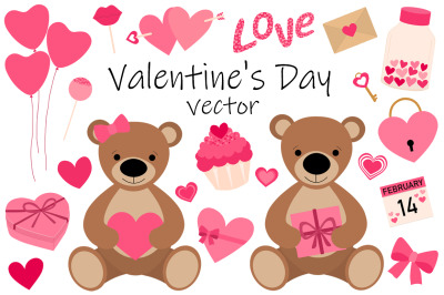 Valentine&#039;s day Bears Heart Balloons Gifts Candy. Hearts SVG