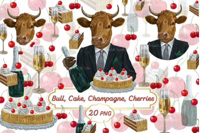 Bull clipart, Cake clipart, Champagne clipart, Cherries clipart