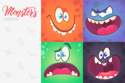 Funny cartoon monsters face square avatars set. Vector