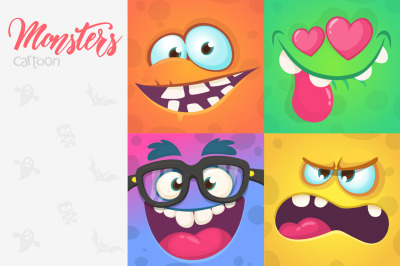 Funny cartoon monsters face square avatars set. Vector