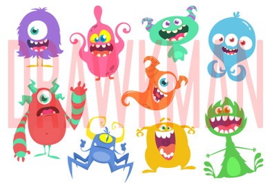 Cartoon funny monsters set illustration. Vector