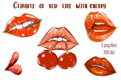 Cliparts of red lips with cherry