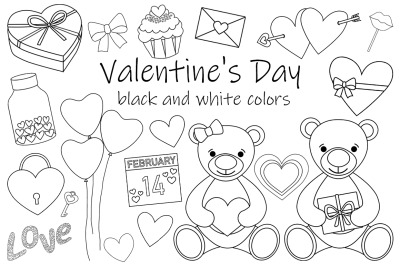 Valentine&#039;s day black and white coloring. Bears Hearts SVG