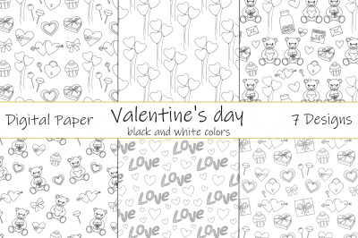 Set seamless patterns Valentine&#039;s day black and white colors