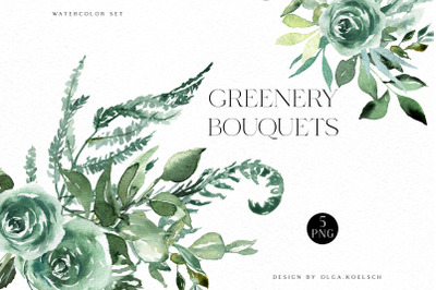 Boho greenery clipart, Watercolor green floral clipart  woodland