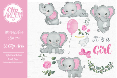 Elephant Girl Pink Gray Watercolor 23 PNG, baby shower decoration