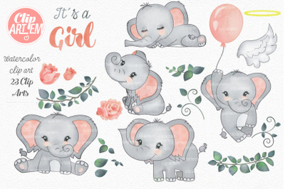 Elephant Girl Coral Peach Salmon Watercolor 23 PNG