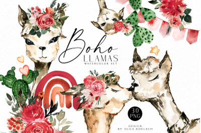 Boho llamas clipart, Watercolor Llama birthday,  love llamas, rainbow