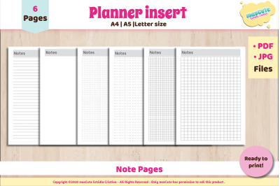 Printable Note Pages Set , Planner Inserts letter A5 A4