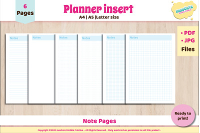 Printable Note Pages Set , Planner Inserts letter A5 A4