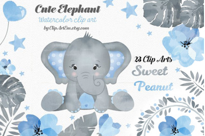 Blue Gray Boy Elephant Watercolor Bundle 23 PNGs files