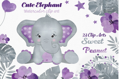 Cute Purple Girl Elephant Watercolor clip art bundle PNG, floral crown