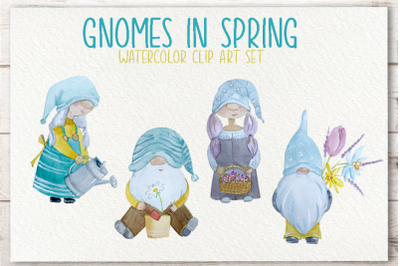 Gnomes in Spring Watercolor Clip Art Set