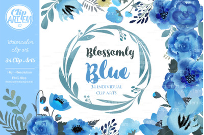 Floral Blue Watercolor clip art,  Blue Flowers set 34 PNG files