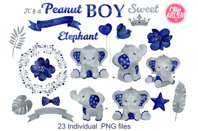 Navy Gray Boy Elephant Watercolor Bundle 23 PNGs files