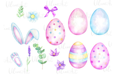 Watercolor Easter clipart bunny ears paws Easter eggs flowers PNG