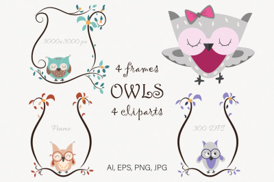 Cute owls clipart and frames Owl PNG Image set Owl clipart cards Bird