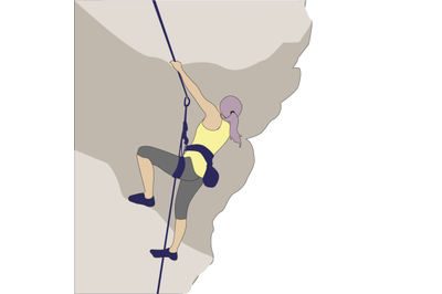 Girl climbing on rock, active hobby. Vector hobby activity