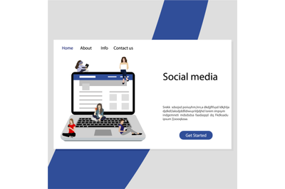 Social media landing page, people use smartphone laptop and tablets