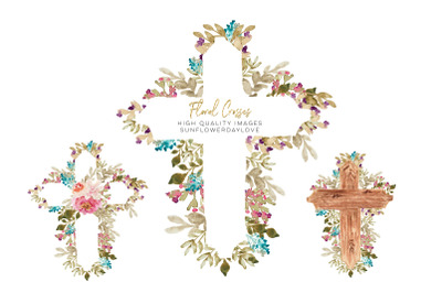 Rustic Wood Cross clipart&2C; Watercolor Floral Crosses clipart&2C; Baptism