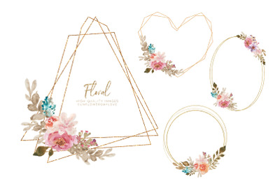 Watercolor Floral Gold Frame Clipart&2C; geometric Flower Borders&2C; Frames