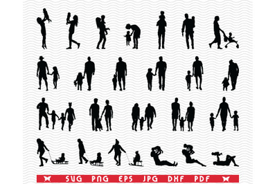 SVG Families in walk, Silhouettes, Digital clipart