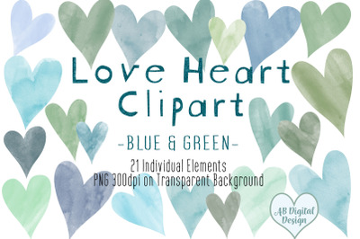 Love Heart Valentines Clipart PNG, Blue &amp; Green Watercolor