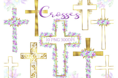 Watercolor Easter gold Cross Clipart Floral crosses digital card