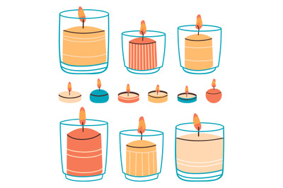 Wax candles. Aromatic hand drawn decorative candles in glass and water