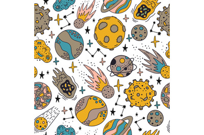 Space planets pattern. Cute hand drawn planets and stars seamless patt