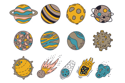 Doodle planets. Hand drawn universe planets and meteorites, cute solar