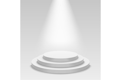 Realistic white podium. Empty stage podium with spotlight, round award